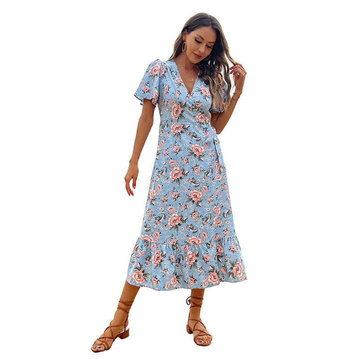 Damen romantisches Maxikleid mit floralem Design und Rüschensaum Drune