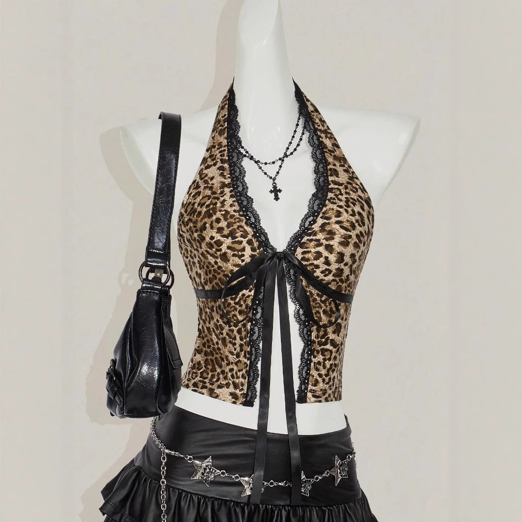 Damen Haltertop mit Spitzenverzierungen und Leopardenmuster Drune