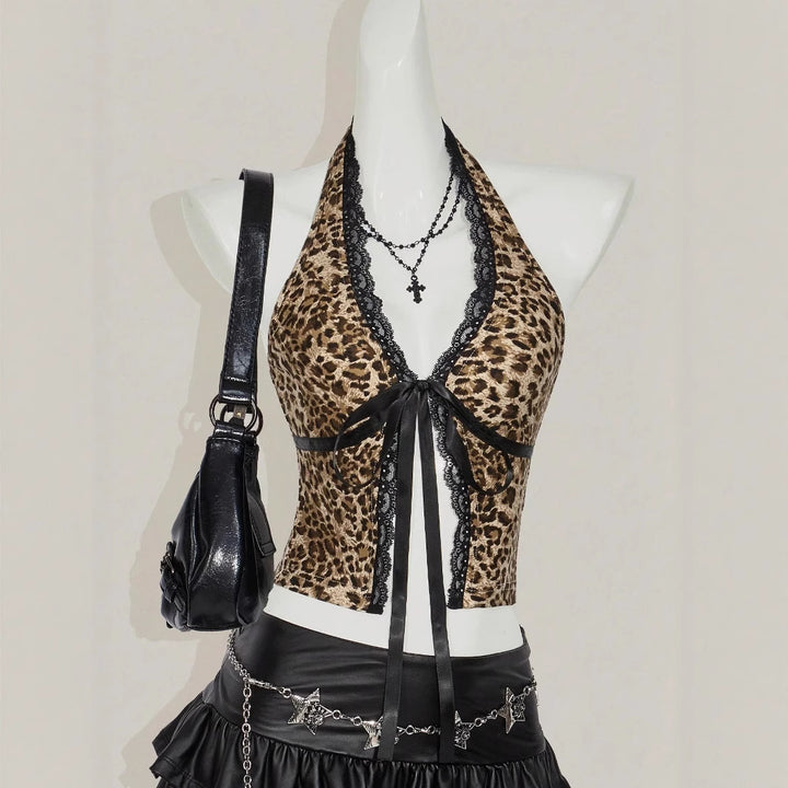 Damen Haltertop mit Spitzenverzierungen und Leopardenmuster Drune