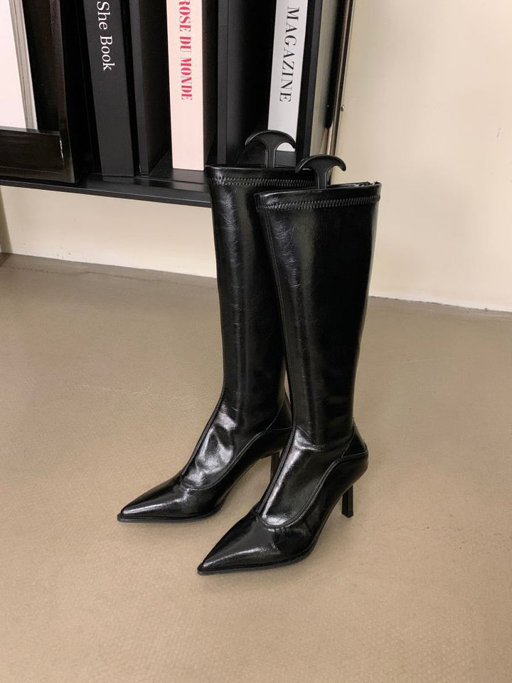 Damen elegante Overknee-Stiefel aus hochwertigem Leder mit spitzem Absatz Drune