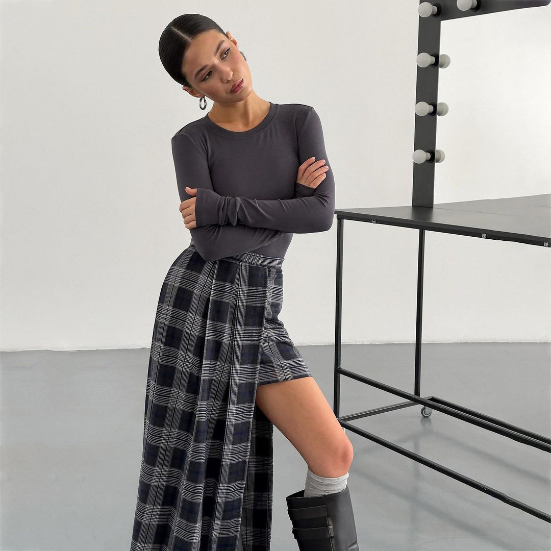 Damen Blazer-Rock-Kombination mit asymmetrischem Schnitt und grafischem Karomuster Drune