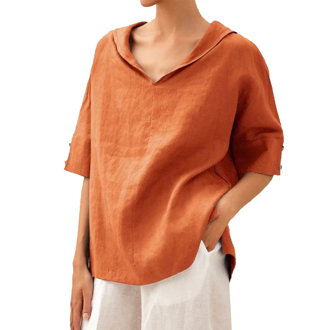 Damen lässige Leinenbluse mit Kapuze und kurzen Ärmeln Drune