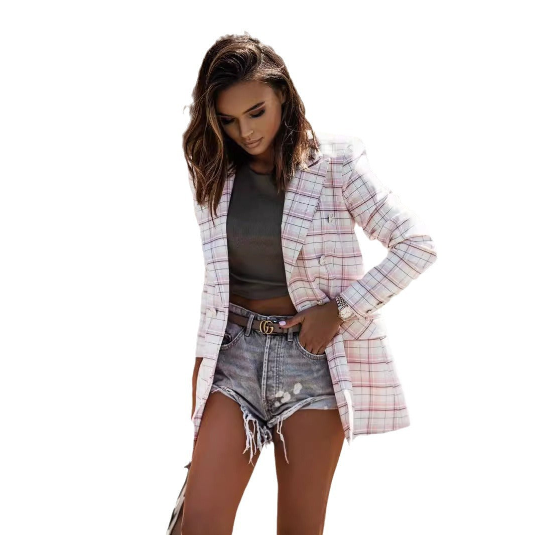 Damen Karierter Blazer mit doppelter Knopfreihe und eleganten Details Drune