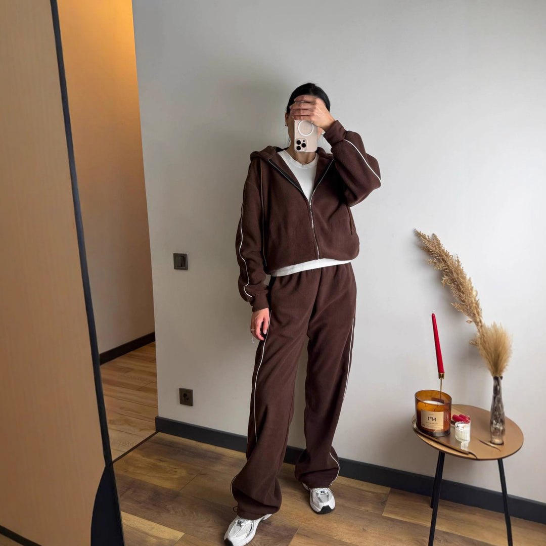 Damen modischer Fleece-Jogginganzug mit Reißverschluss und seitlichen Streifen Drune