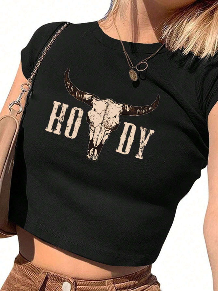 Damen Crop-T-Shirt mit kreativen Cow Skull Design Drune