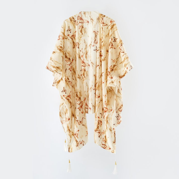 Damen eleganter Kimono mit kunstvollem floralem Muster und fransigen Kanten Drune
