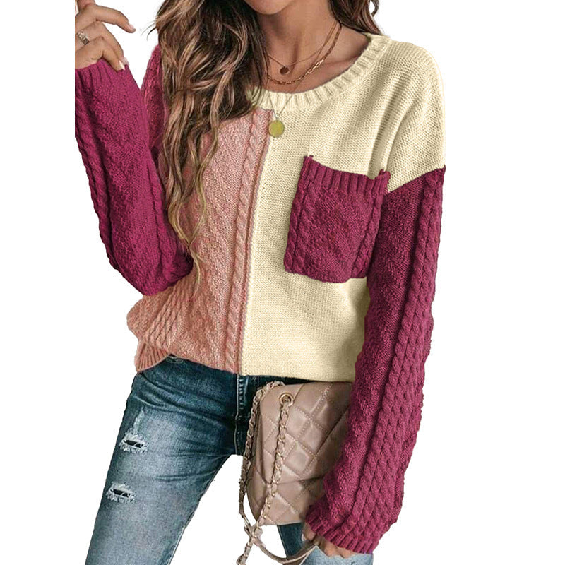 Drune | Pullover Sweatshirt - Relaxed Fit - Patchwork Strick - Rundhals - Fronttasche