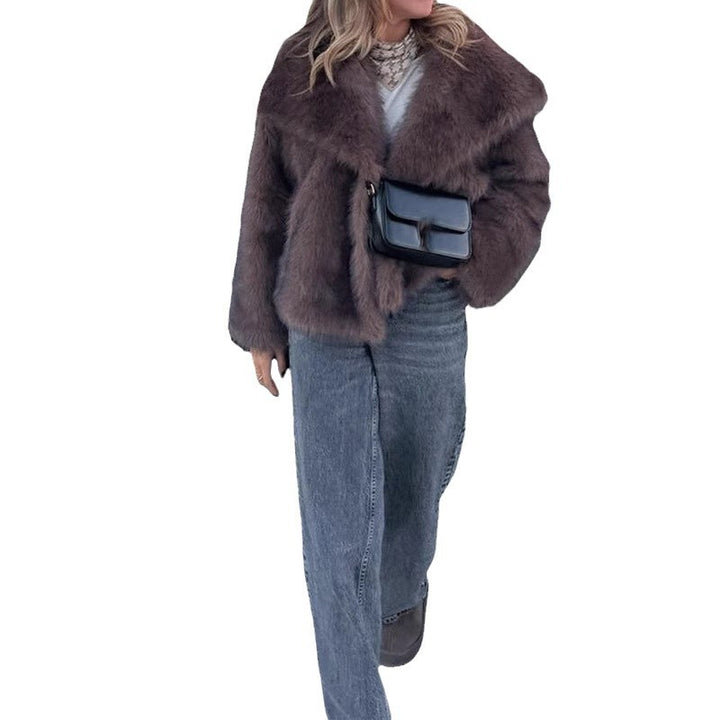 Damen Eleganter Kunstpelzmantel mit voluminösem Kragen Drune