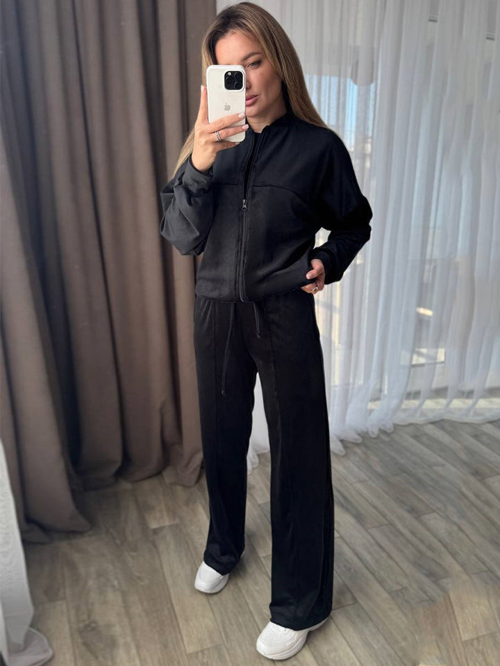 Damen Sportlicher Velours-Jogginganzug mit hohem Kragen und praktischen Taschen Drune