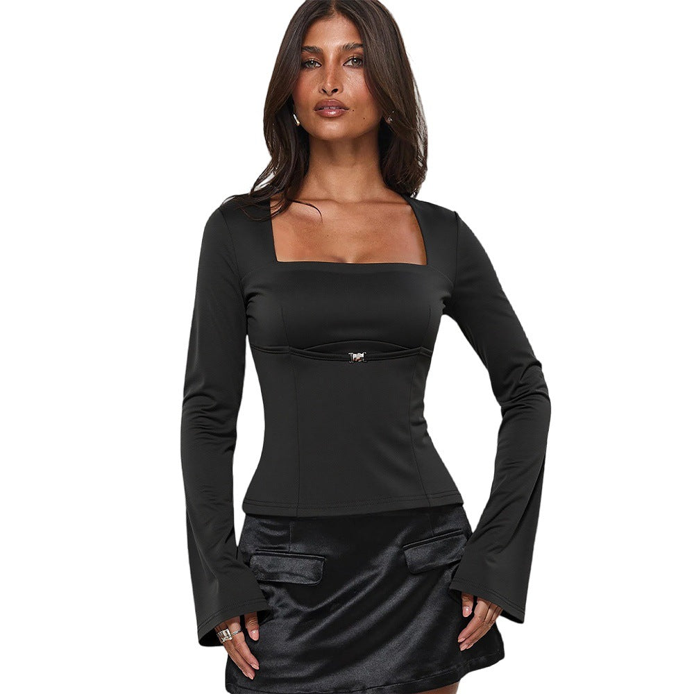 Damen Langarmoberteil mit rechteckigem Ausschnitt und eleganten Rüschendetails Drune