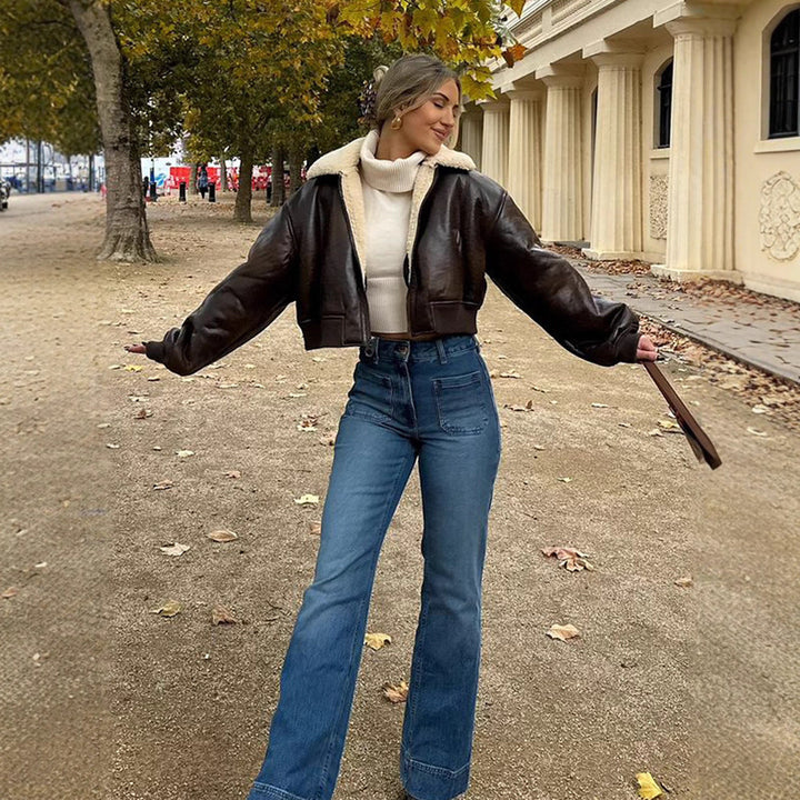 Damen cropped Kunstlederjacke mit Innenfutter aus Plüsch Drune