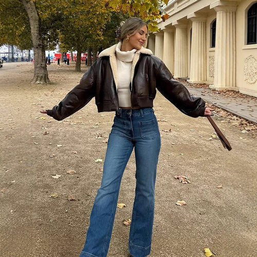 Damen cropped Kunstlederjacke mit Innenfutter aus Plüsch Drune