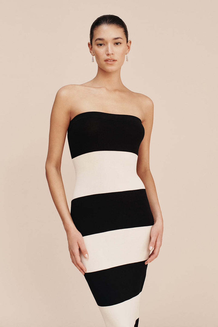Damen schickes Bandeau-Maxikleid mit grafischem Streifenmuster und figurbetontem Schnitt Drune