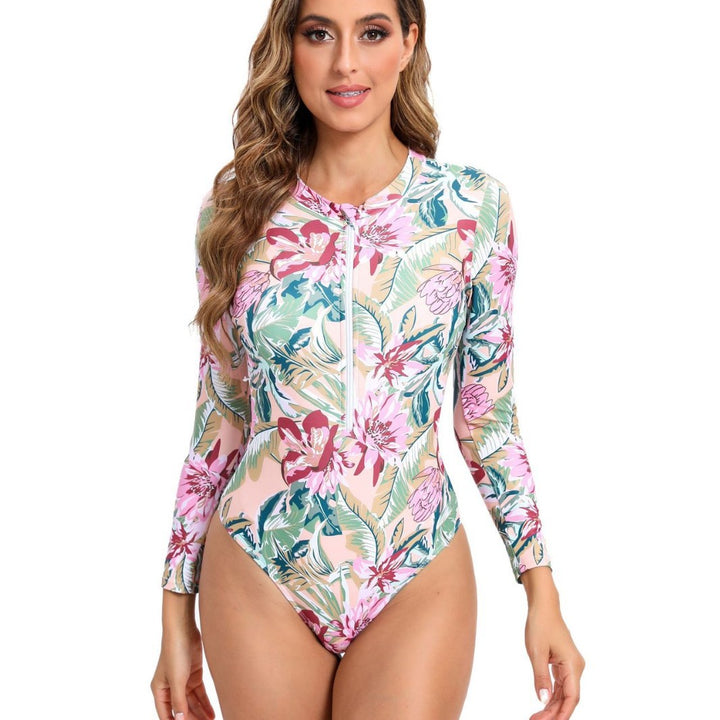 Damen Sportlicher Langarm-Badeanzug mit Reißverschluss und eleganten Mustern Drune
