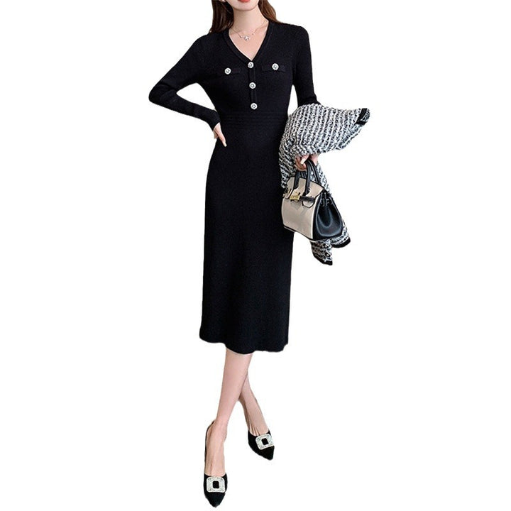Damen Elegantes Maxikleid mit V-Ausschnitt und Knopfdetails Drune