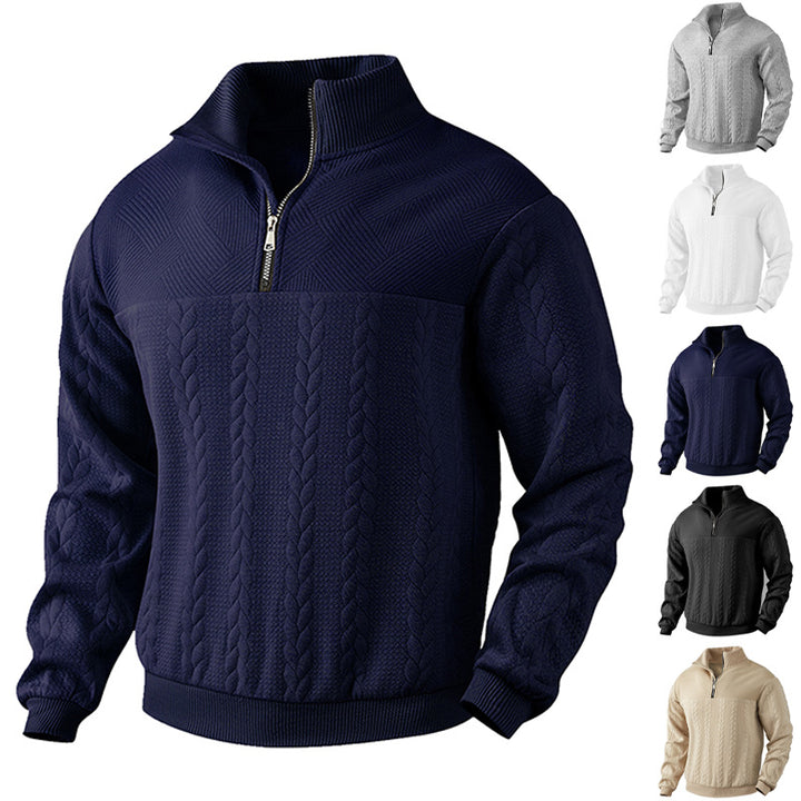 Herren nan texturierter Strickpullover mit Halbzip, geflochtenem Zopfmuster und hohem Stehkragen Drune