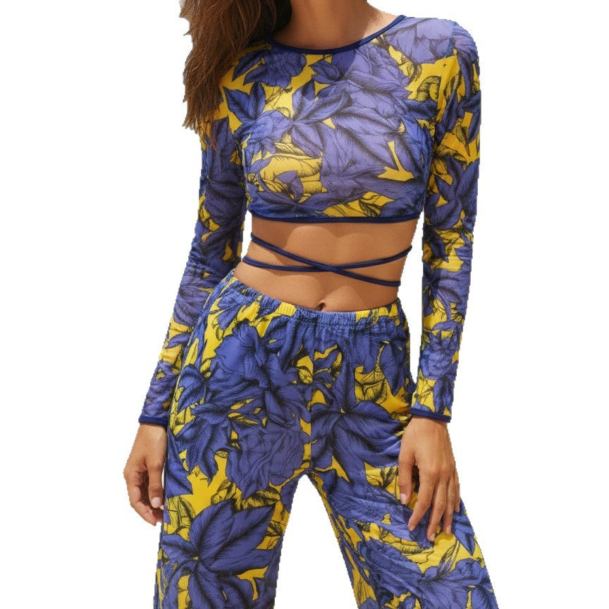 Damen Sportliches Set mit floralem Crop-Top und weitem Hose Drune