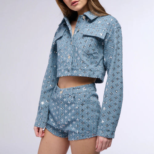 Damen Crop-Jeanjacke mit funkelndem Sternmuster und passender Short Drune