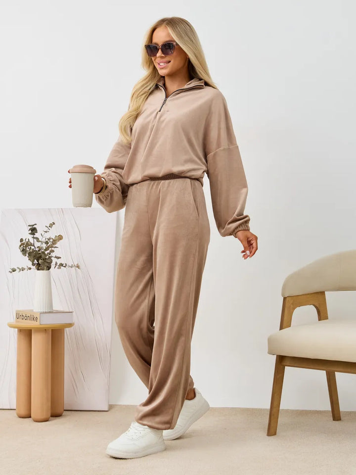 Damen Fleece-Loungewear-Anzug mit Reißverschluss und elastischem Bündchen Drune