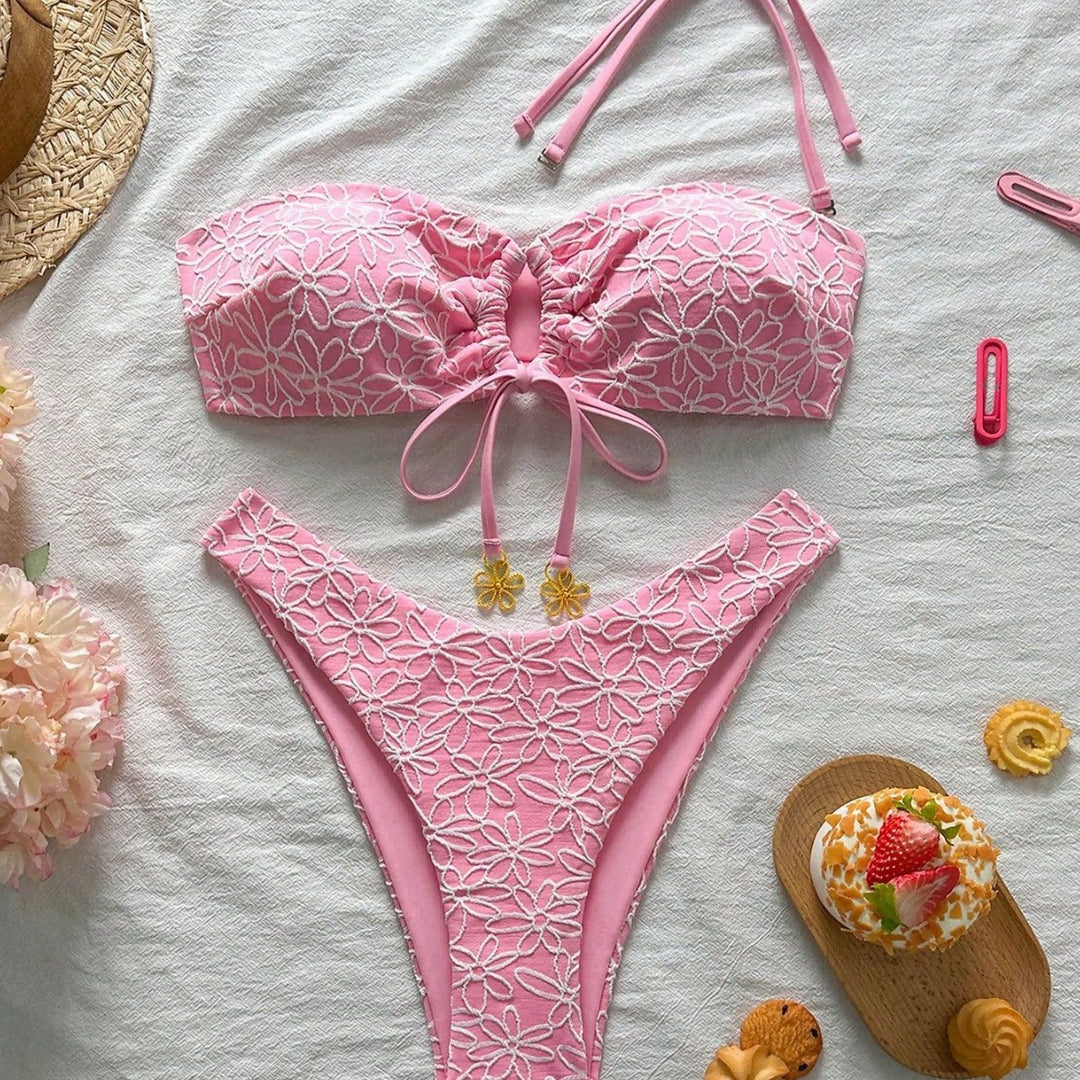 Damen Bandeau-Bikini mit floralen Applikationen Drune