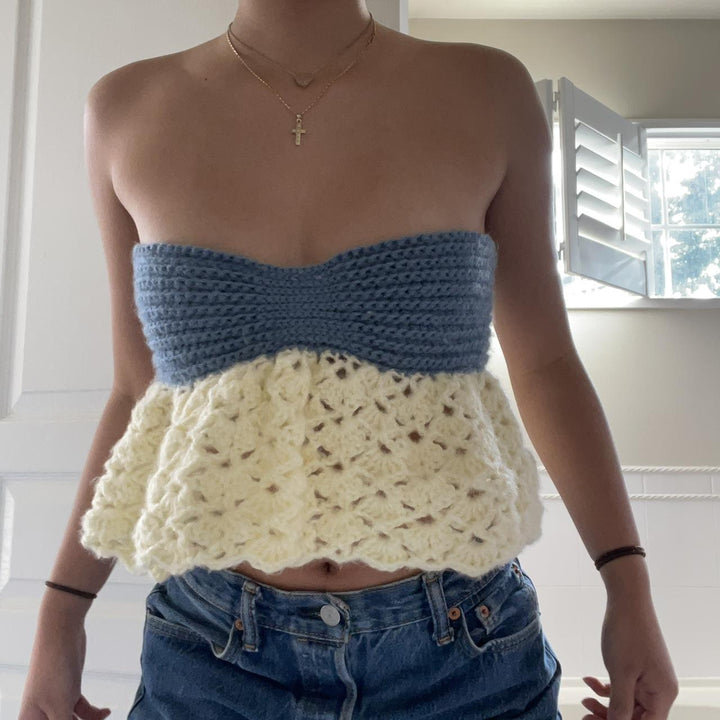 Damen gehäkeltes Bandeau-Oberteil mit voluminösem Saum Drune