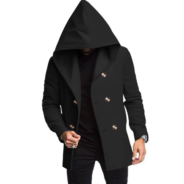 Herren modischer Mantel mit Kapuze und doppelter Knopfreihe Drune