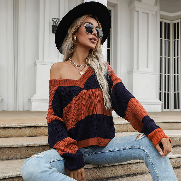 Damen Oversized Strickpullover mit V-Ausschnitt und Blockstreifen Drune