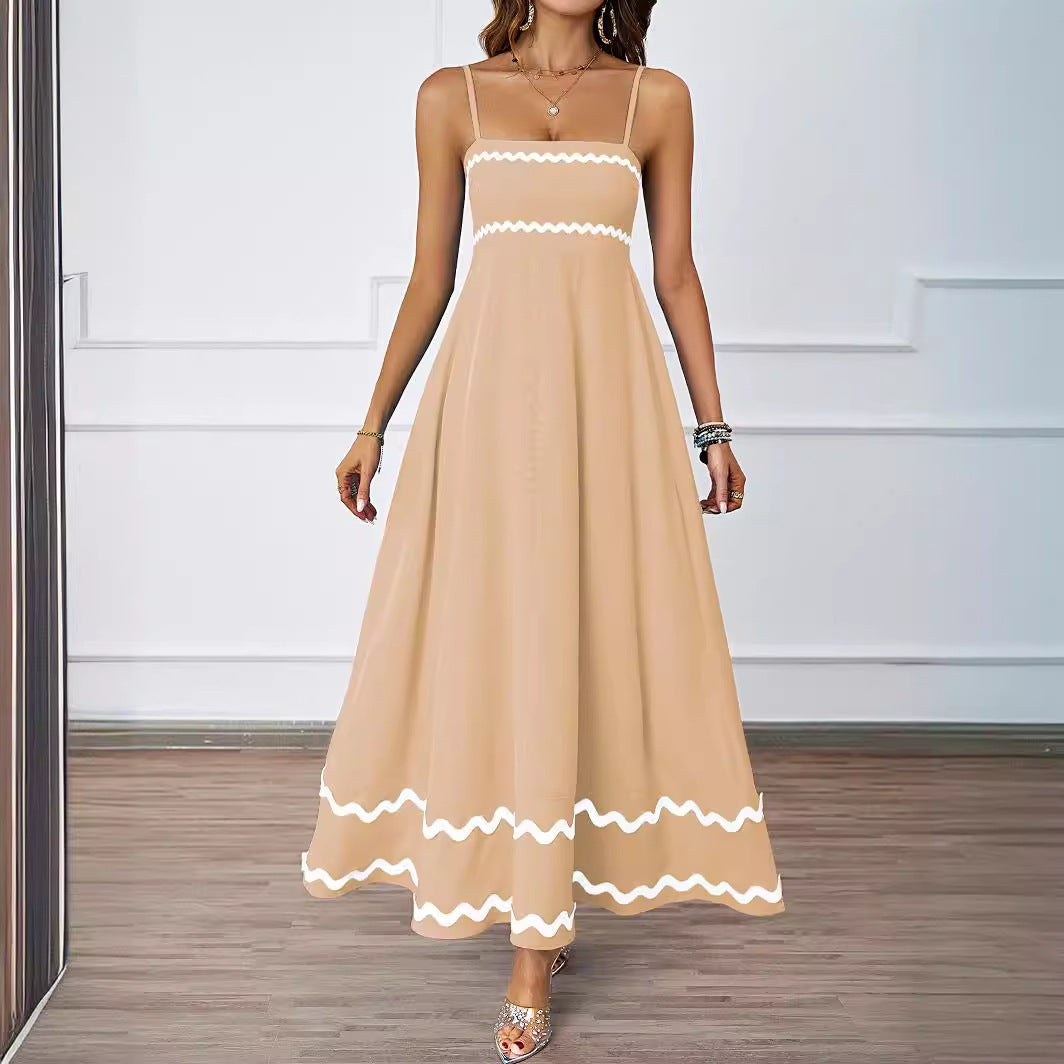 Damen Lange Maxi-Kleid mit Spaghetti-Trägern und dekorativem Saum Drune