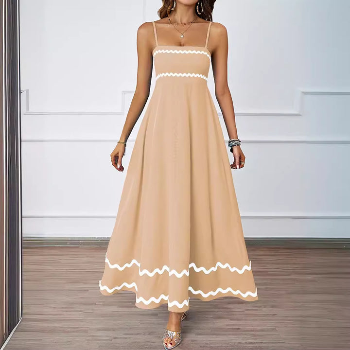 Damen Lange Maxi-Kleid mit Spaghetti-Trägern und dekorativem Saum Drune