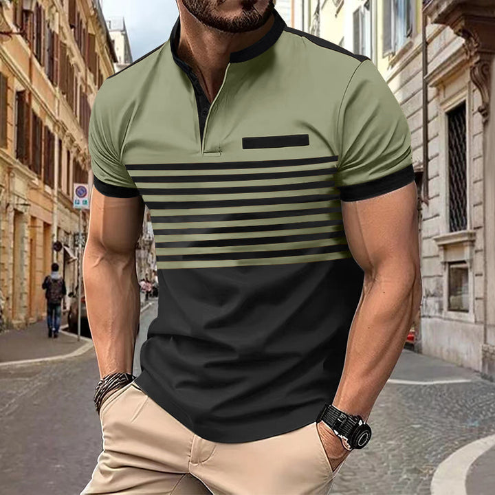 Herren nan kurzärmeliges Henley-Oberteil mit kurzer Knopfleiste, Brustpaspel und Blockstreifen Drune