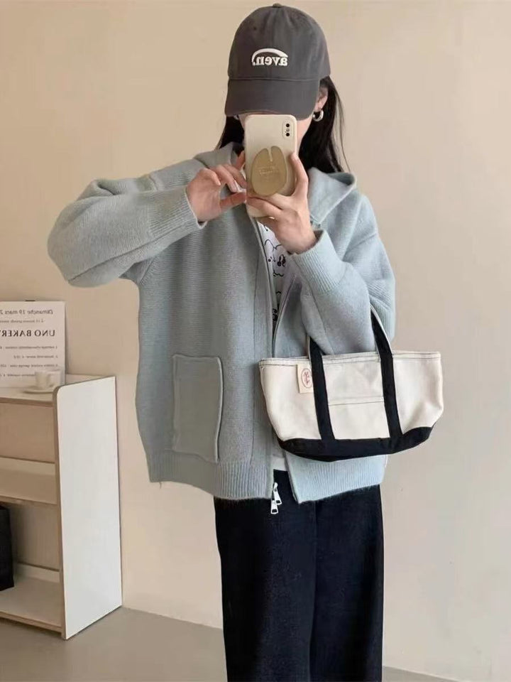Damen Casual Oversized Strickjacke mit Kapuze und Taschen Drune