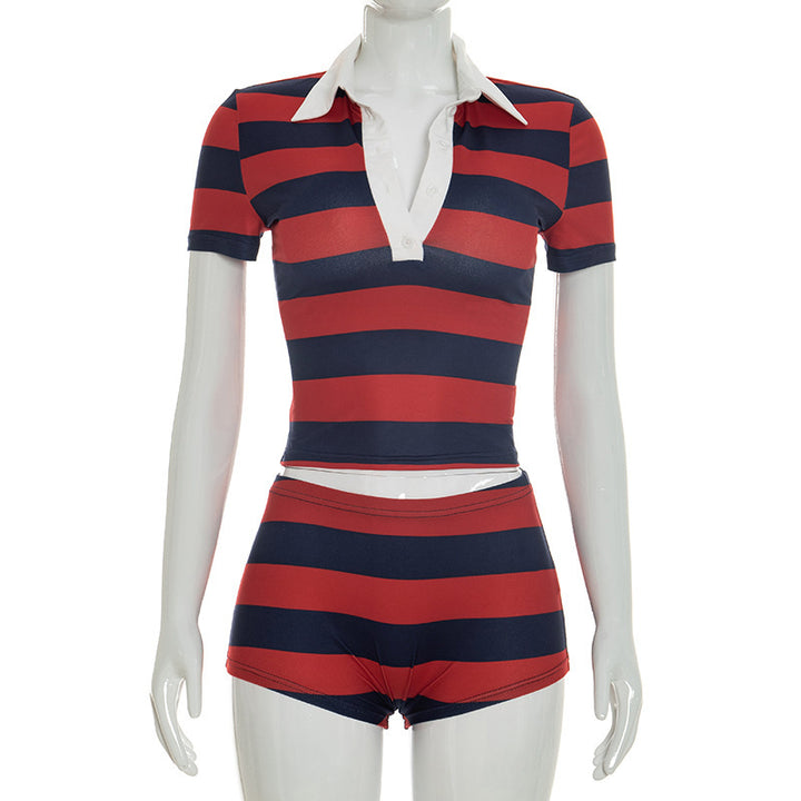 Damen Sportliches Streifen-Oberteil und Shorts-Set Drune