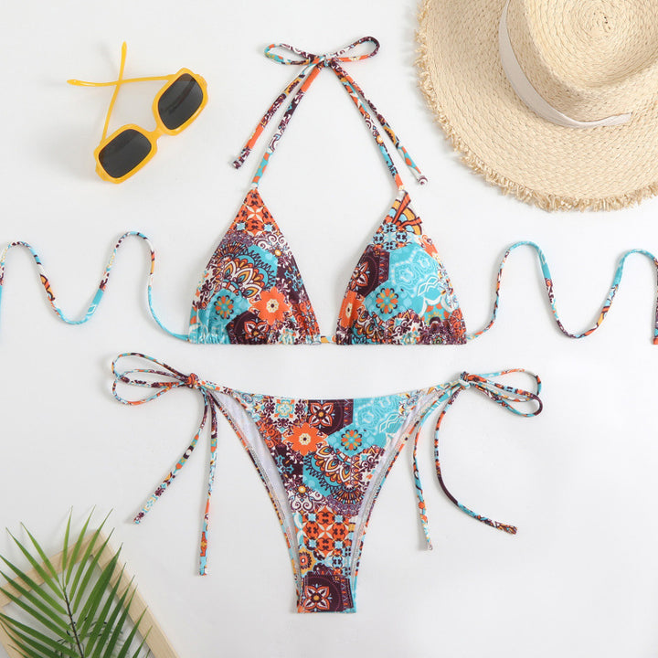 Damen Triangel-Bikini mit floralem Muster und verspieltem Bindeband Drune