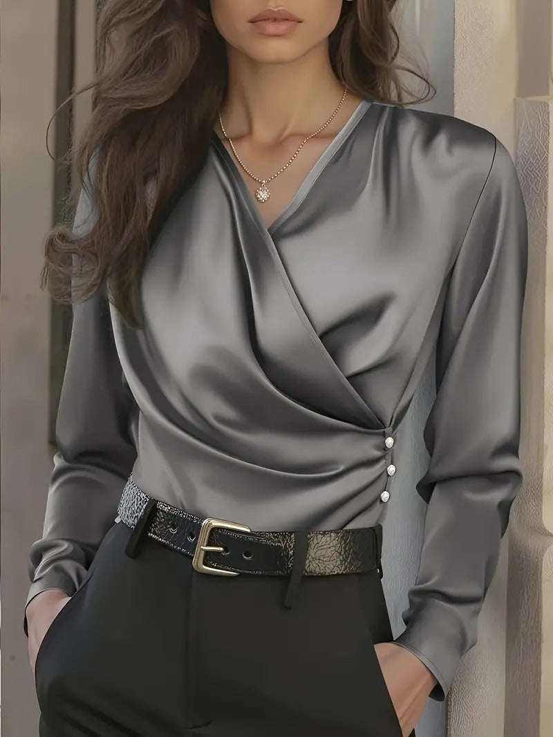 Damen elegante Wickelbluse mit Knopfdetails Drune