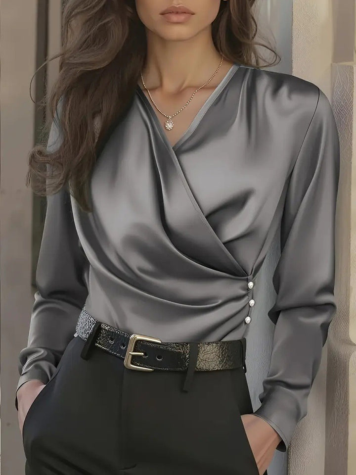 Damen elegante Wickelbluse mit Knopfdetails Drune