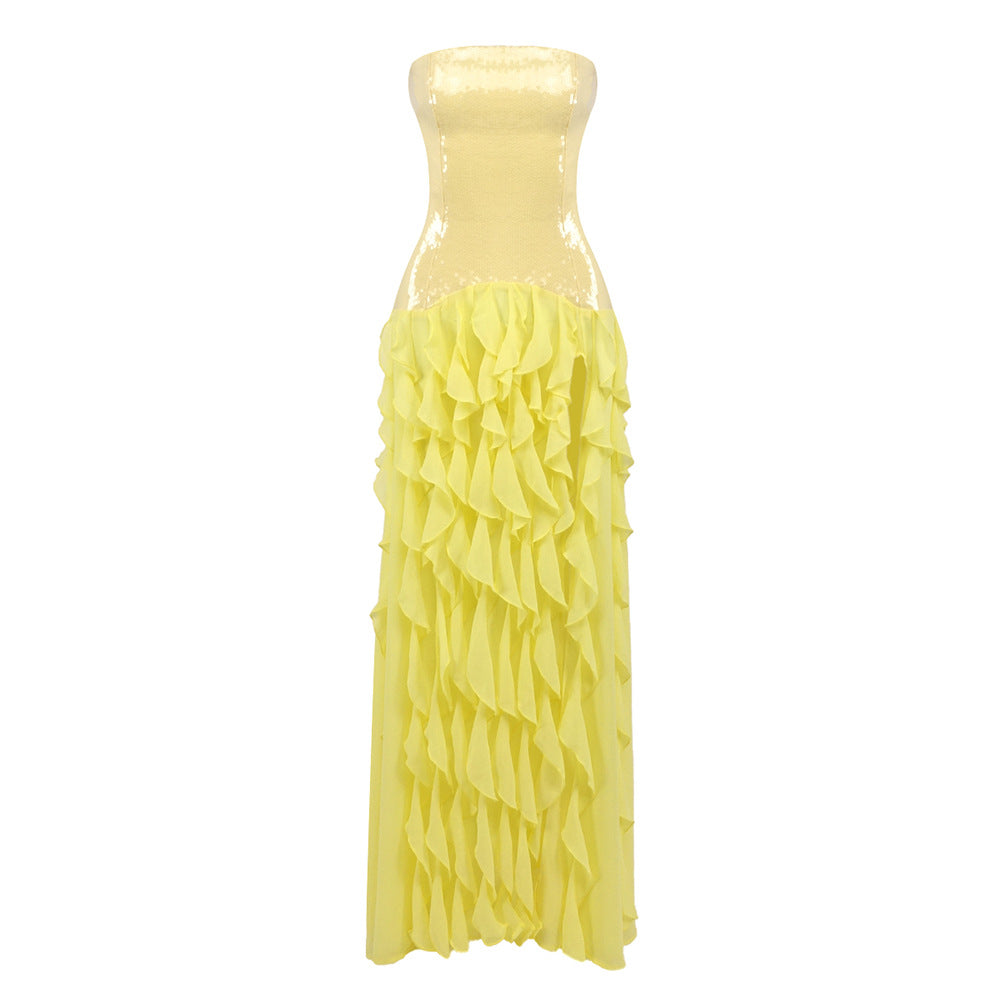 Damen Rüschen Abendkleid mit schimmerndem Oberteil und elegantem Schnitt Drune