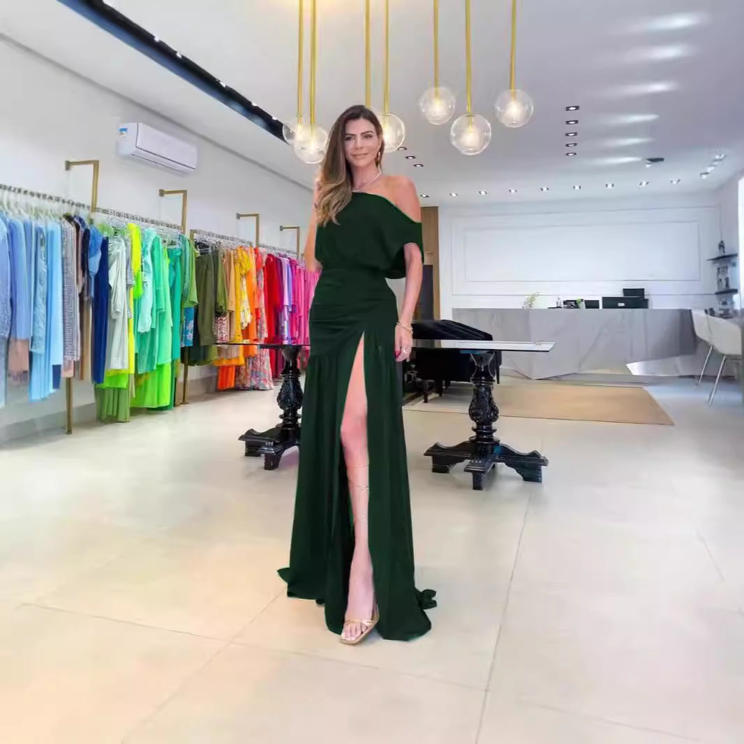 Damen Asymmetrisches Maxikleid mit Schlitz und Schulterfreiem Design Drune
