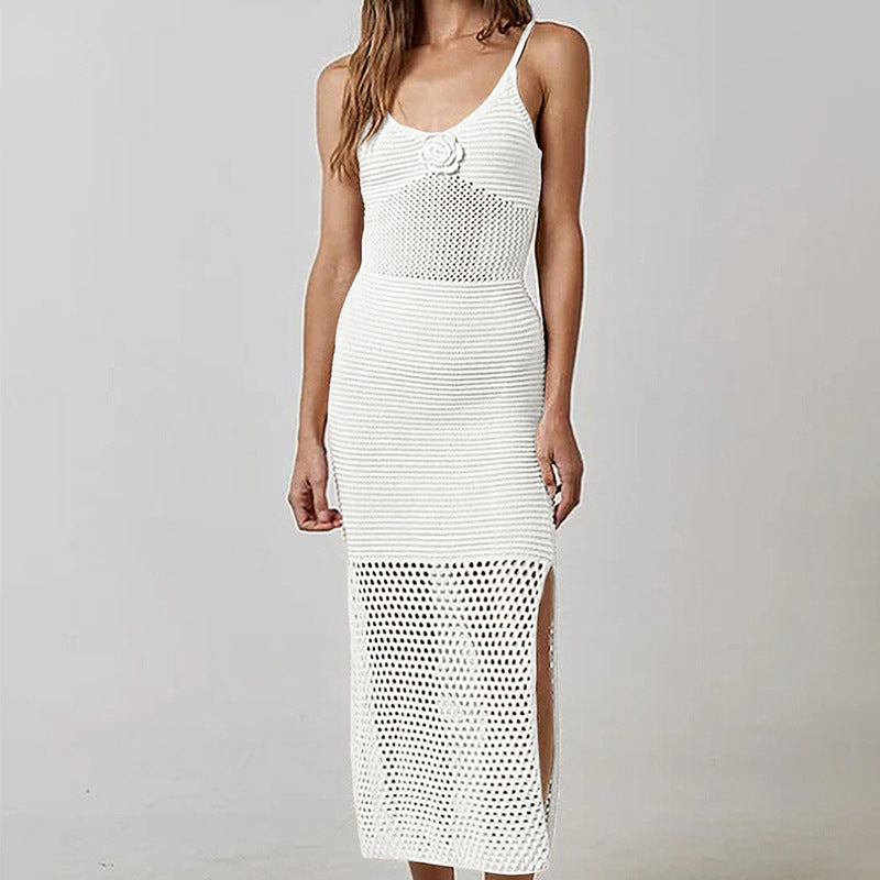 Damen Häkel-Strandkleid mit durchbrochenem Design und tiefem Schlitz Drune