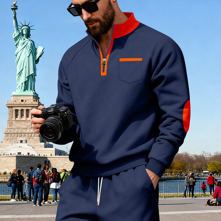 Herren nan Fleece-Quarterzip Pullover mit Brusttasche und Ellbogenpatches Drune