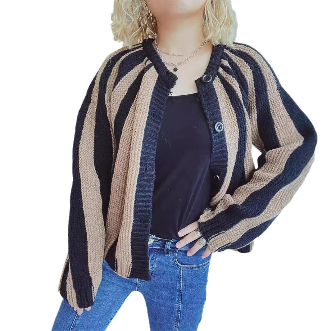 Damen modische Strickjacke mit vertikalen Blockstreifen Drune