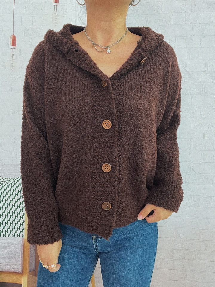 Damen Kuschelige Strickjacke mit Kapuze und Knopfdetails Drune