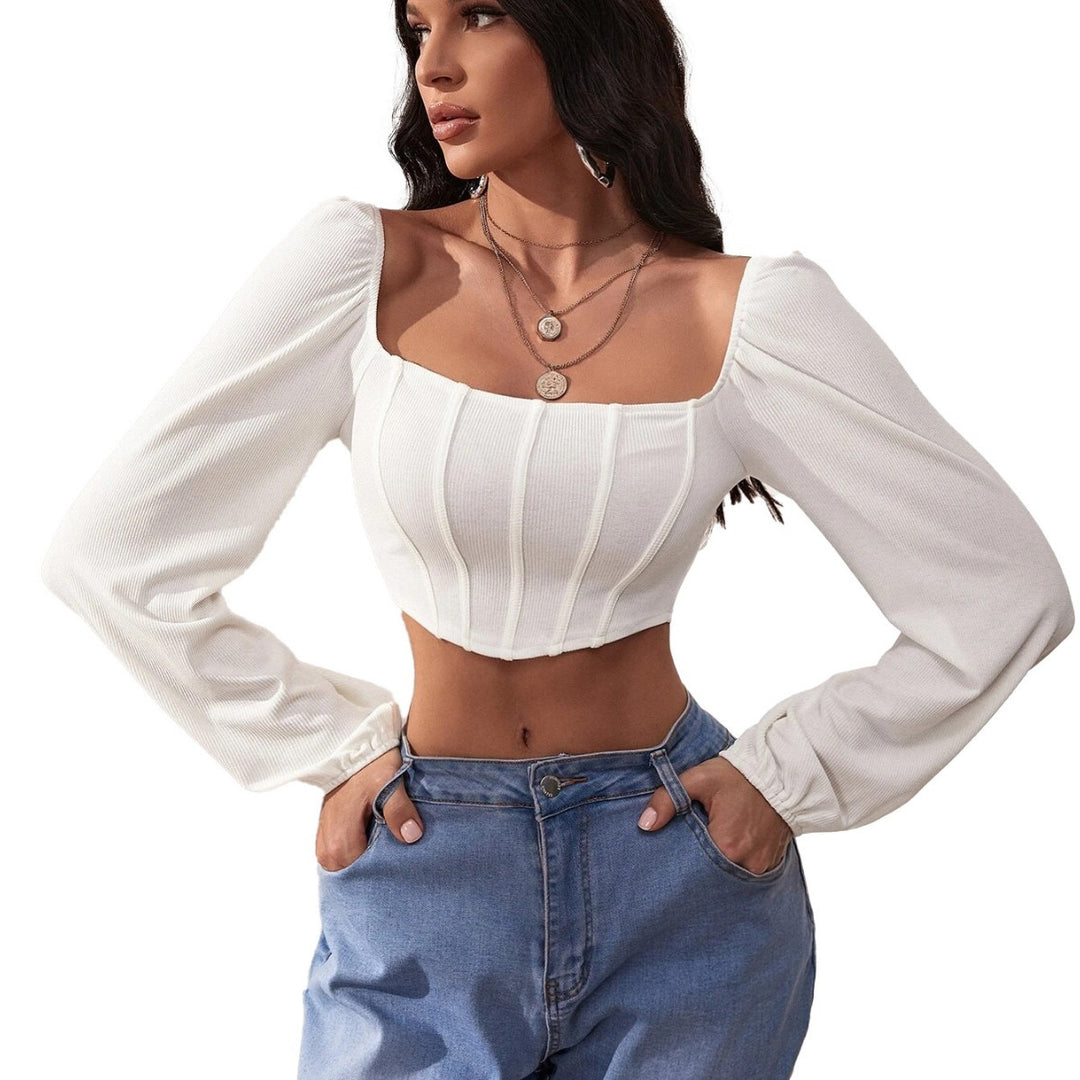Damen langärmliges Crop-Top mit quadratischem Ausschnitt und eleganten Puffärmeln Drune