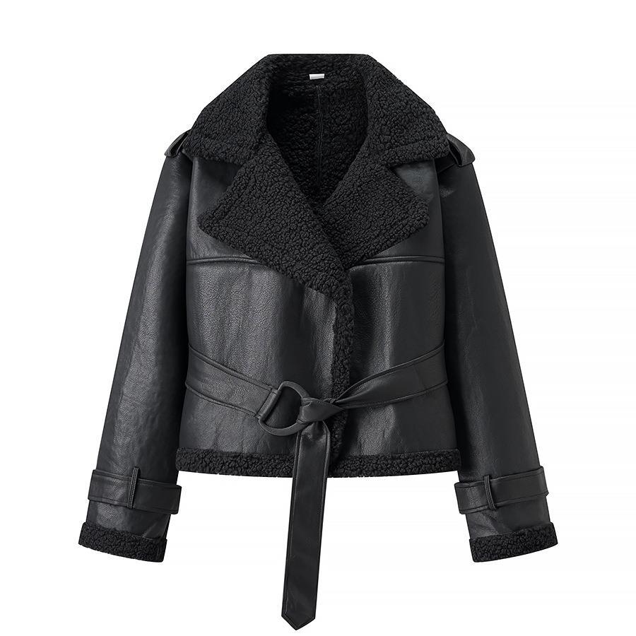 Damen Kunstlederjacke mit Teddy-Futter und taillierbarem Gürtel Drune