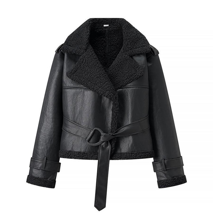 Damen Kunstlederjacke mit Teddy-Futter und taillierbarem Gürtel Drune