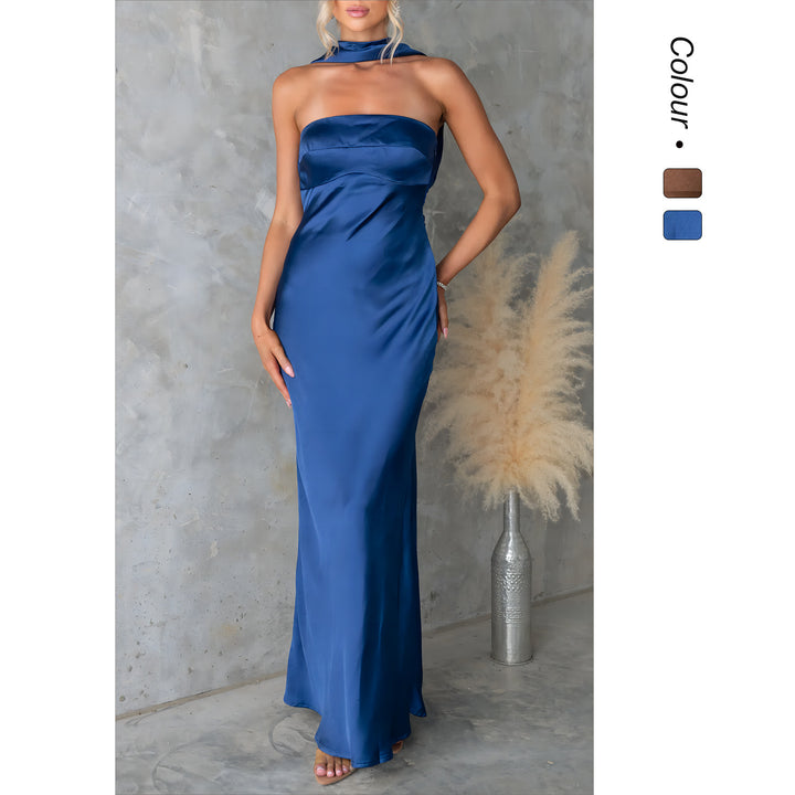 Damen Elegantes Abendkleid mit schulterfreiem Design und schimmerndem Satin Drune