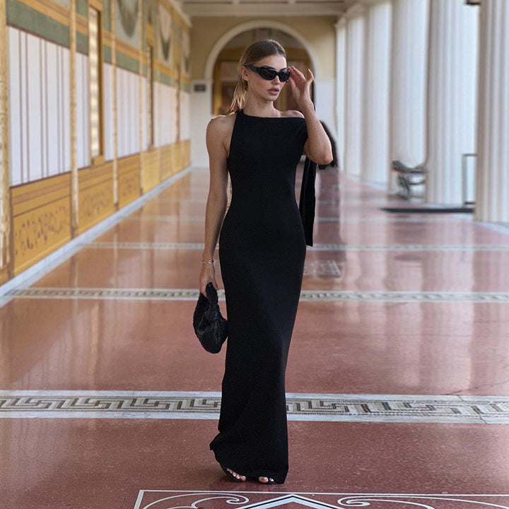 Damen Elegantes Maxikleid mit asymmetrischem Ärmel und figurformendem Schnitt Drune