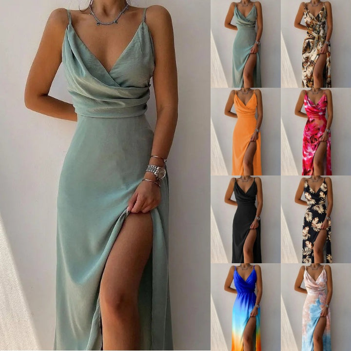 Damen elegantes Abendkleid mit Wickeldesign und hohem Schlitz Drune