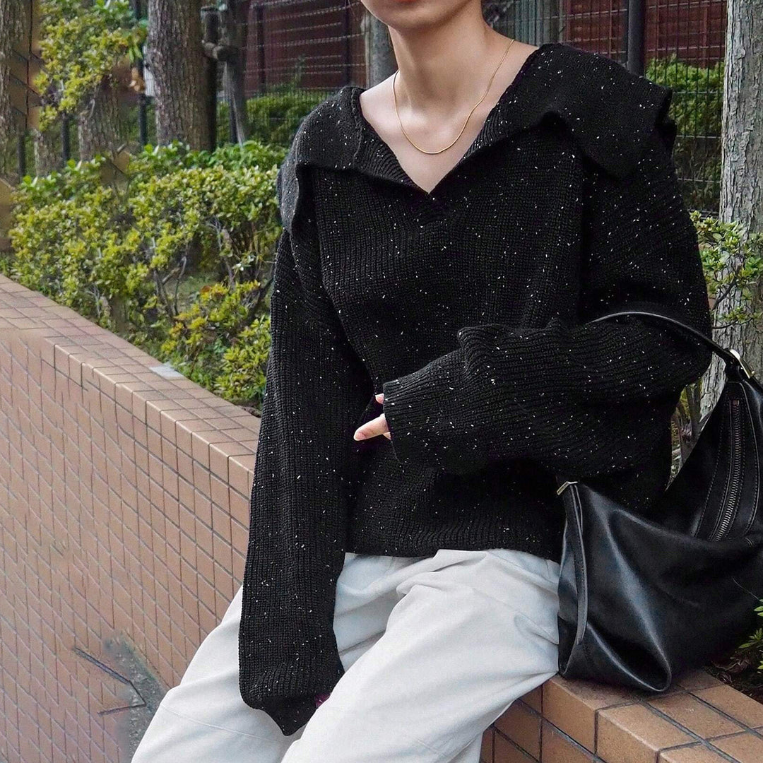 Damen lässiger Strickpullover mit modernem Kragen und funkelnden Details Drune