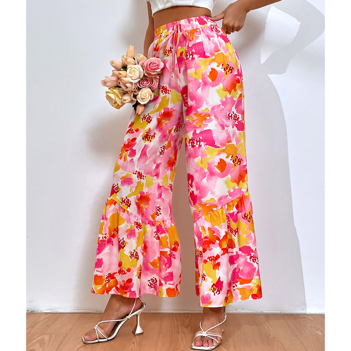 Damen weit geschnittene Palazzo-Hose mit buntem Blumendesign und Rüschendetails Drune