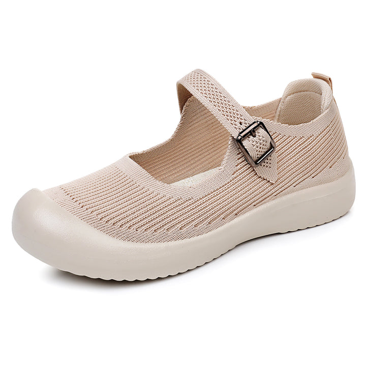 Damen nan gestrickter Mary-Jane Komfortschuh mit verstellbarem Riemen, atmungsaktivem Strickobermaterial und stoßdämpfender Leichtlaufsohle Drune